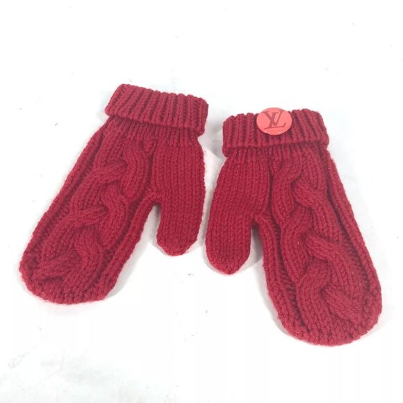LOUIS VUITTON logo Mitten accessories with badge gloves wool Red - Picture 1 of 11